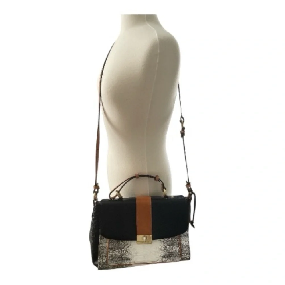 Brahmin Oxford Flap Natural Bernini Black/White Embossed Leather Crossbody Bag